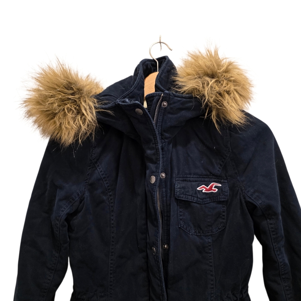 Hollister Y2K Navy Blue Hooded Utility Coat Sherpa Lined Jacket Women's Size M - Picture 2 of 16